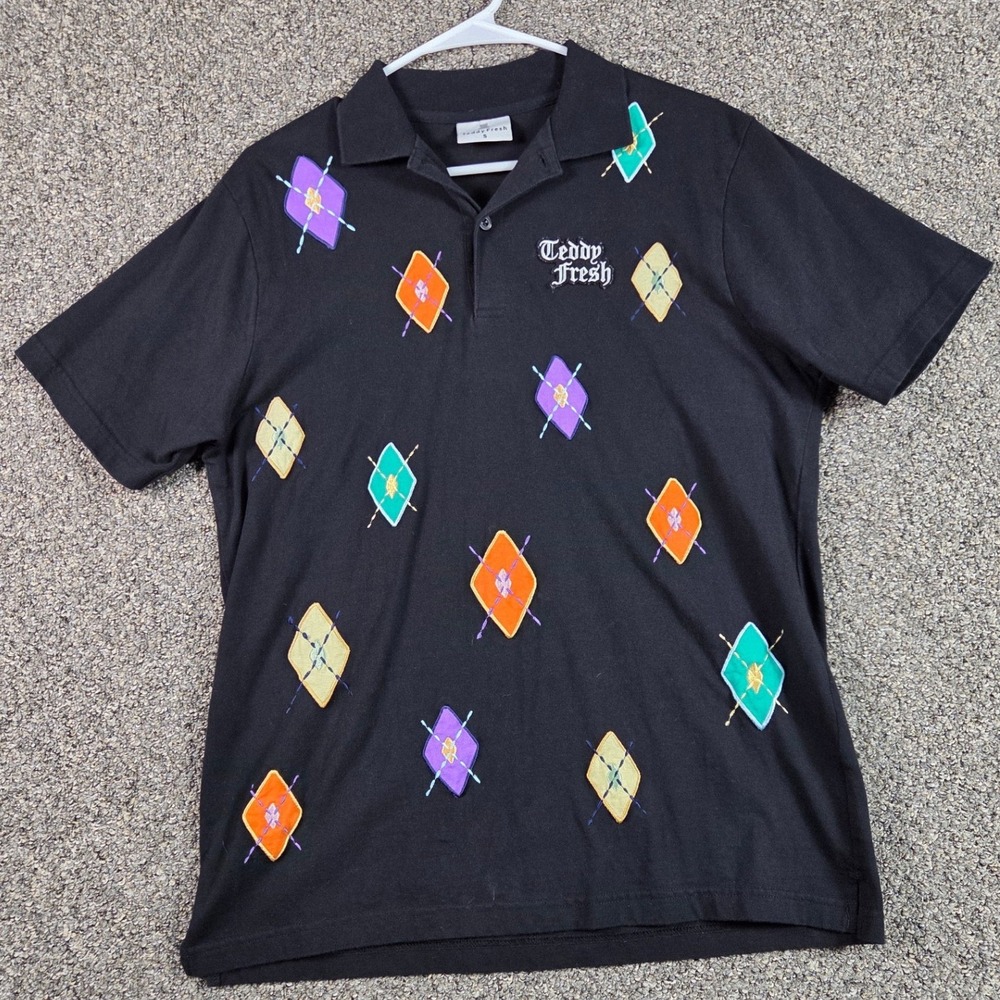 Teddy Fresh Shirt Mens S Black Argyle Embroidered Cotton Short Sleeve 0476